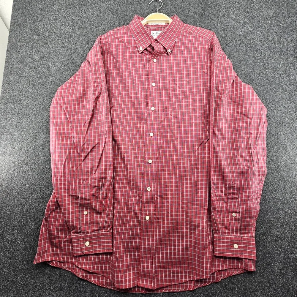 LL Bean Shirt Mens‎ XL Tall Red Plaid 100% Cotton Long Sleeve Wrinkle Resistant